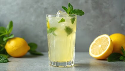 Fototapeta premium Lemonade drink close up. Refreshing lemon and mint beverage with ice on grey background. Tasty summer cocktail served in glass. Cold tasty beverage on table. Healthy lifestyle.