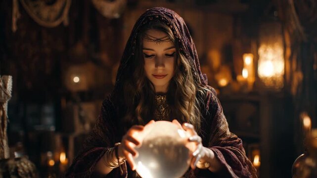 Woman in mystical room with crystal ball, wearing robe and jewelry, surrounded by candlelight. Concept of magic, fortune telling, and mystery. 4K video