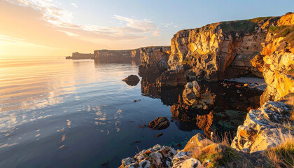 Sunrise seascape with cliffs mirrored in calm waters, beautiful nature. Serene ocean landscape.