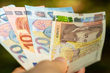  Bulgaria money. Transition to the Euro zone. Exchange of Bulgarian lev for euro. Business and financial concept