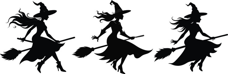 Halloween Witch Silhouette Vector Set on Broomstick,Silhouette of a female witch,witch flying on a broom,Vector black silhouette,witch flying on a broom for halloween design,Three witches flying,Ai