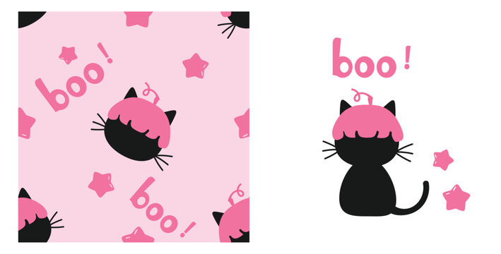 Cute black cat halloween set in pastel pink with “boo” text and star accents, hand-drawn kawaii kitten graphic and seamless repeat for kids fabric, pajamas, wrapping and party decor.