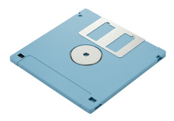 Light blue 3 5 inch floppy disk isolated, vintage computer storage media for data backup and retro technology