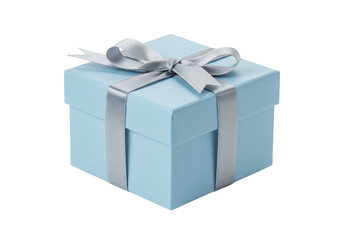 Light blue gift box with silver ribbon isolated, present for birthday or special occasion on a clean backdrop