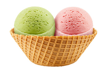 Two scoops of ice cream in a waffle cone isolated, green and pink ice cream dessert on no background for summer treat