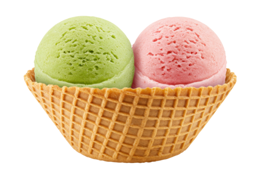 Two scoops of ice cream in a waffle cone isolated, green and pink ice cream dessert on no background for summer treat