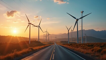 Wind turbines stand alongside road at sunset. Renewable energy field with wind power plants. Eco tech generates green electricity, sustainable future concept. Green eco energy infrastructure at sunset