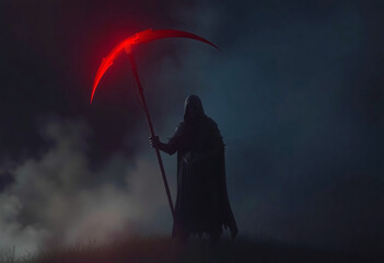 Death With Scythe Standing In The Fog At Night