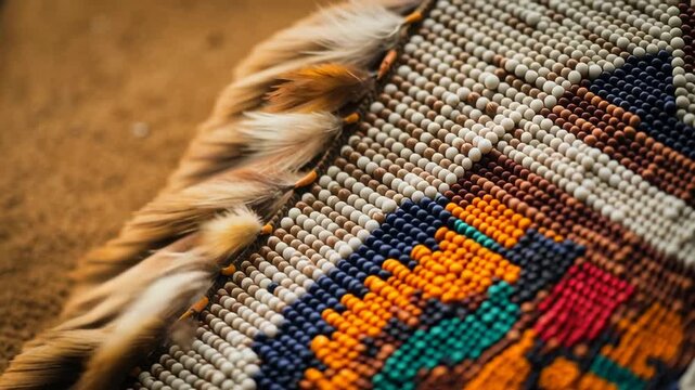Intricate Native American beadwork pattern with vibrant geometric shapes on leather. Halloween