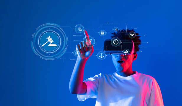 A vibrant image of a young user exploring virtual reality technology, emphasizing compliance and regulatory themes through digital elements like a gavel and legal icons. XDMCP