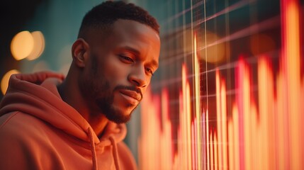 Young african american man looking intently at a digital financial graph. Modern technology and investment analysis concept.