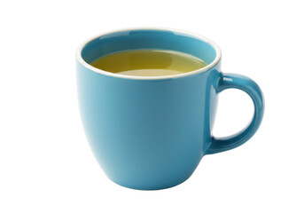 Blue ceramic mug with yellow liquid isolated on transparent background, hot beverage for breakfast and relaxation