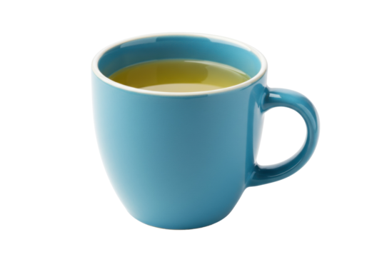 Blue ceramic mug with yellow liquid isolated on transparent background, hot beverage for breakfast and relaxation