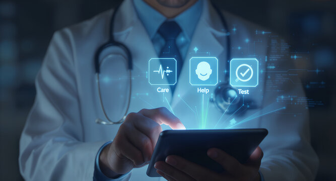 Doctor using tablet with futuristic medical interface and holographic icons