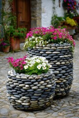 Two charming stone planters, filled with vibrant pink and white flowers, create a picturesque outdoor scene.