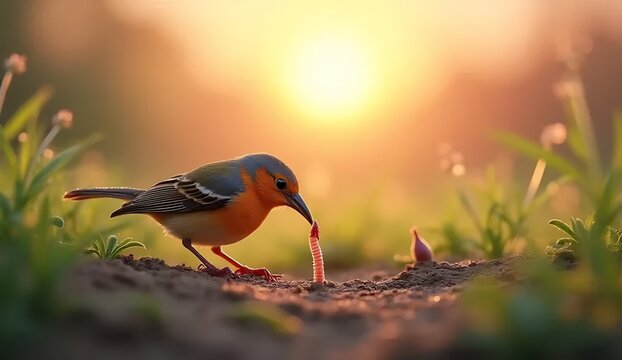 Concept illustration of the proverb "The early bird catches the worm