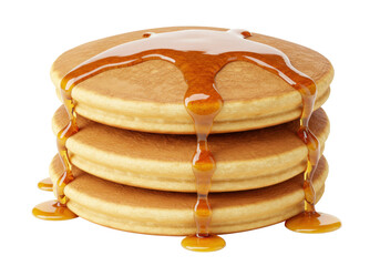 Stack of three pancakes with maple syrup isolated, breakfast food on transparent background, sweet dessert for menu design