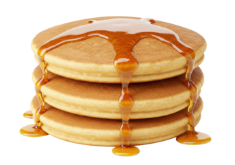 Stack of three pancakes with maple syrup isolated, breakfast food on transparent background, sweet dessert for menu design