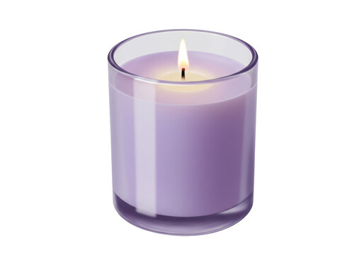 Burning lavender candle in glass isolated on transparent PNG, aromatherapy and home fragrance for relaxation