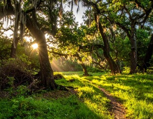 Sunlit Forest Path Through Lush Green Trees.