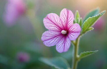Fototapeta premium Delicate purple mallow flower blooms in soft focus. Hairy green stem and leaves support the plant. Gentle sunlight illuminates the petals and pollen center.