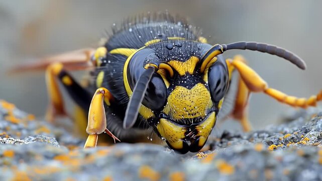 Intense Macro Close-Up of a Wasp with Dew Drops Moving Slowly on a Lichen-Covered Stone