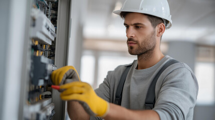 Experienced electrician adjusts breaker panel switches in residential interior while wearing protective gloves, representing precise indoor power repair, safe electricity maintenance, and reliable