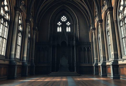 Gothic Castle Illustration Big Hall Interior With Empty Dark Throne