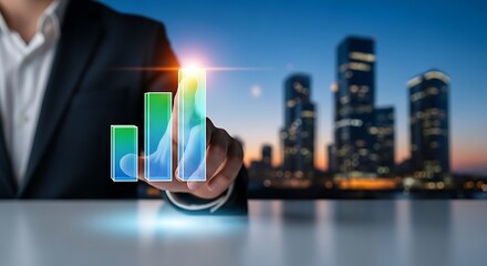 A man in a suit interacting with a digital graph overlay with a city skyline in the background