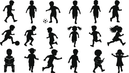 Collection of black and white silhouettes depicting a variety of children playing, running, and reading, isolated on a white background