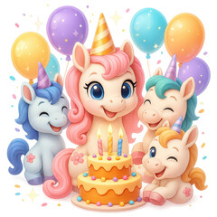 Naklejka premium Cute cartoon unicorns celebrating a birthday with balloons, party hats, and a big cake. Bright, colorful, and joyful illustration perfect for kids' themes.
