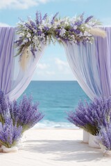 Coastal wedding backdrop featuring a floral arch adorned with lavender blooms and flowing drapes, creating a romantic atmosphere by the ocean