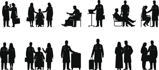 Medical doctor and nurse silhouettes with patients, showing healthcare, consultation, compassion, and professional medical staff in various settings