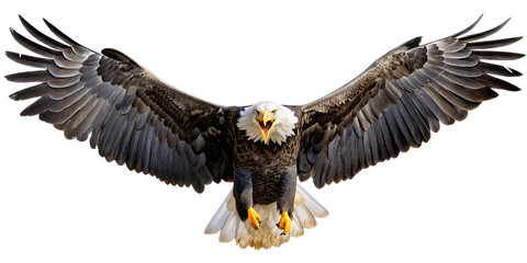 Fototapeta premium Bald Eagle with Open Beak and Spread Wings isolated on a transparent background bird