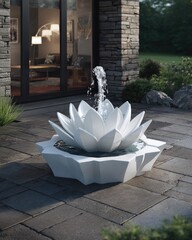 A contemporary white lotus fountain, designed with geometric forms, sits amidst a paved patio area, showcasing a tranquil and modern aesthetic.