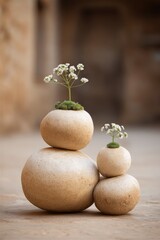 A small, delicate plant with white flowers sits atop stacked, light beige stones, creating a serene and peaceful arrangement.