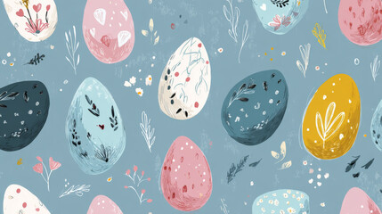 Hand-drawn seamless Easter pattern with decorated eggs and festive ornaments, ideal for spring backgrounds, wallpapers, textiles, and wrapping paper
