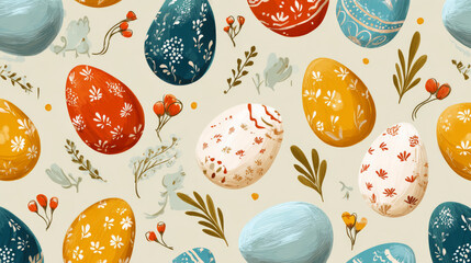 Hand-drawn seamless Easter pattern with decorated eggs and festive ornaments, ideal for spring backgrounds, wallpapers, textiles, and wrapping paper