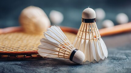 Badminton sport equipments, rackets and shuttlecocks on dark floor of indoor badminton court, soft focus, concept for badminton playing lovers around the world, copy space.