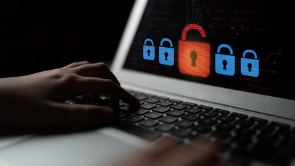 Digital security concept illustrating a cybersecurity breach, with a red unlocked padlock...