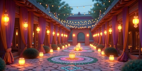 Obraz premium Festive Courtyard at Night with Lanterns and Decorations