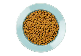 Dry cat food in a blue bowl isolated on white, nutritious pet kibble for feline diet and healthy eating