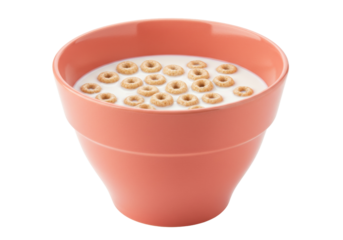 Breakfast cereal loops with milk in a pink bowl isolated on white, healthy food concept for kids and adults