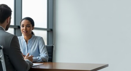 A focused female job candidate confidently answers questions during an HR interview with a manager in a modern, bright office setting. Professional and corporate concept.