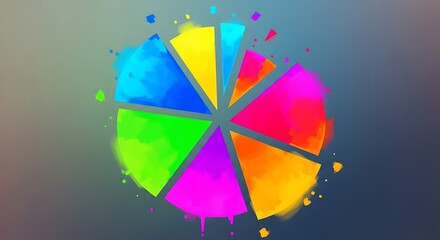 A colorful pie chart illustration with watercolor effect on a gradient gray and blue background