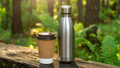 A disposable coffee cup and a stainless steel water bottle on a weathered wooden surface in a sun-dappled forest
