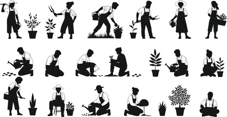 Gardener and people planting and watering plants, black silhouette vector illustration set for a nature and farming theme
