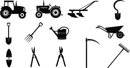 Farming and gardening tools and equipment, agricultural machinery, and hand tools silhouette vector illustration pack on a white background