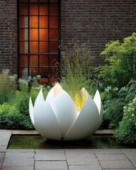 A large, white lotus-shaped planter stands in a courtyard garden, surrounded by greenery and water.