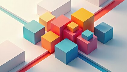 Obraz premium Modern abstract design features colorful 3D cubes. Vibrant geometric shapes create dynamic composition. Digital artwork is suitable for branding web design or decoration purposes.